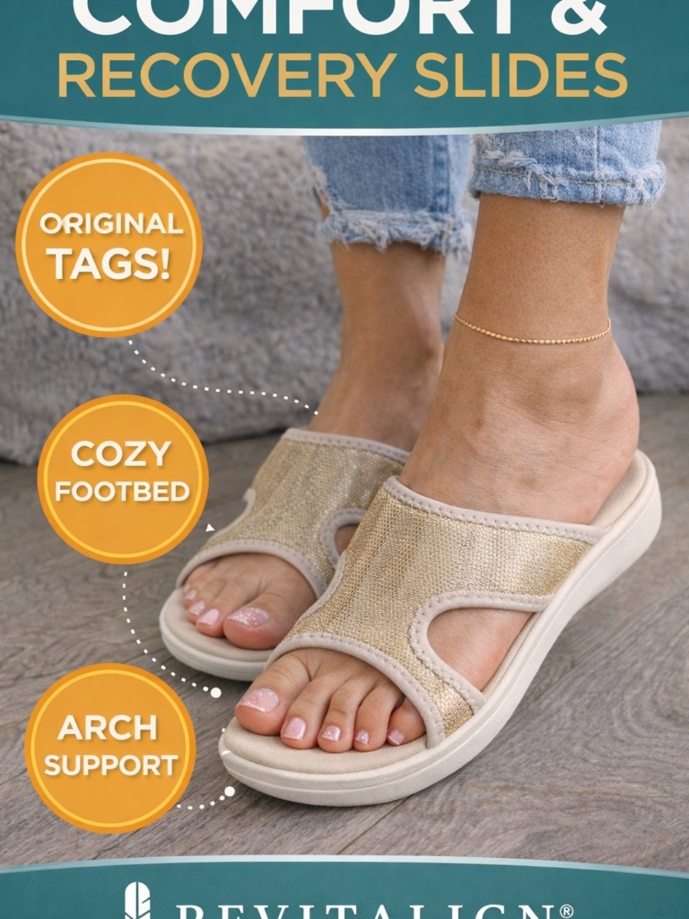 Revitalign Comfort Slides Sandals Gold Mesh Arch Support NWT Size 10